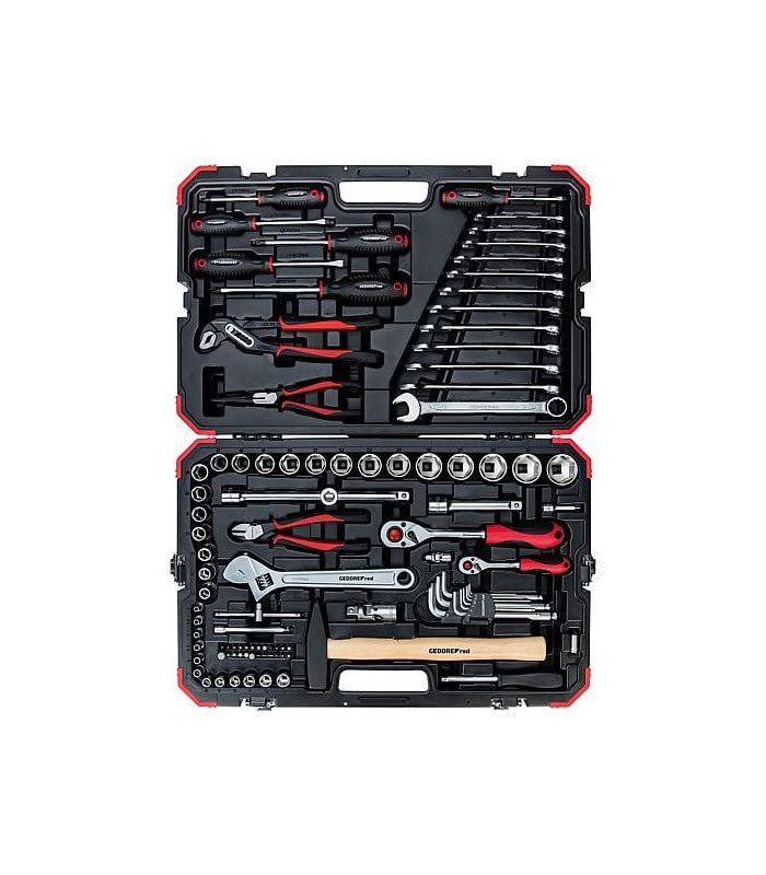 GEDORE red Steckschlüsselsatz, 100-teilig, Mit Umschaltknarre, Ratsche, Steckschlüssel und Bitsatz, Hammer, Ringmaulschlüssel und Zangen, 1/4 + 1/2 Zoll