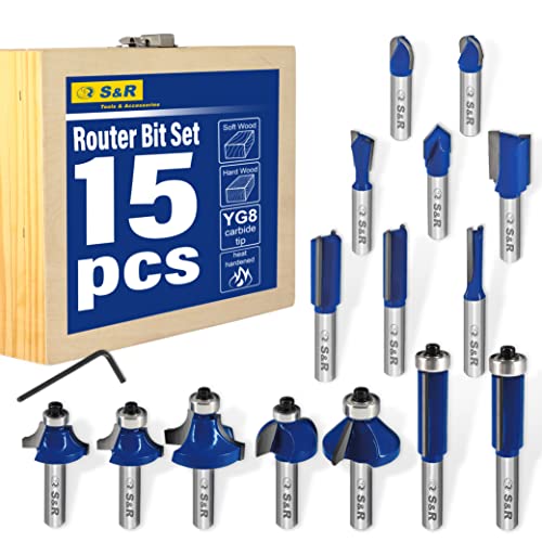 S&R Holzfräser-Set HM 15-tgl, Holzfräs-Bits für 8mm Schaft, Holzkoffer, geschmiedeter Werkzeugstahl, Schneidplatten aus HM, Fräser für Oberfräse in robuster Holzbox