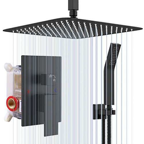 Rainsworth 12 Zoll Regendusche Duschsystem Unterputz, Duschset Schwarz mit Regendusche Duschkopf aus Edelstahl 30x30cm eckig