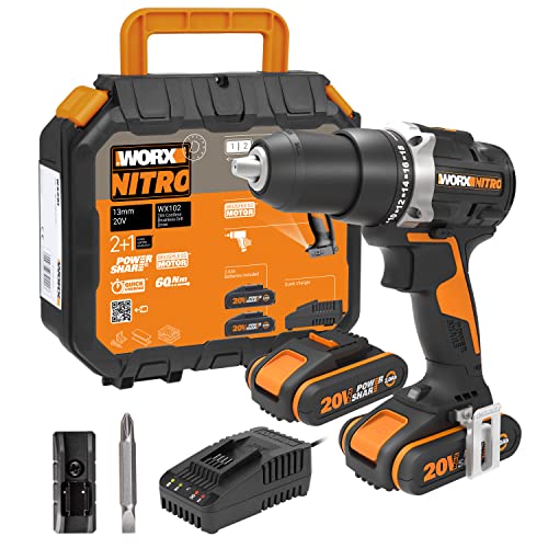 WORX WX102 Akku Bohrschrauber 20V - bürstenloser Akkuschrauber - 2-Gang-Getriebe und LED-Licht - Akkubohrer zum Bohren und Schrauben - mit 2 Li-Ion Akkus, Ladegerät und Koffer