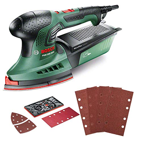 Bosch Multi Schleifmaschine PSM 200 AES (200 Watt, im Koffer) + 25tlg. Schleifblatt Set-1, verschiedene Materialien für Schwingschleifer (Körnung 40/60/80/120, 8 Löcher)