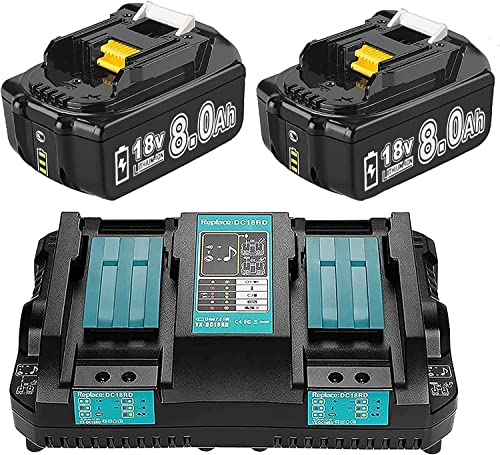 2Stück 18V 8000mAh Li-ion BL1860B Ersatzakku für makita akku 18v mit ladegerät DC18RD Dual Port 4A für Makita BL1860 BL1860B BL1850B BL1850 BL1840 BL1830 LXT-400 und DC18RCT DC18RA DC18RD ladegerät