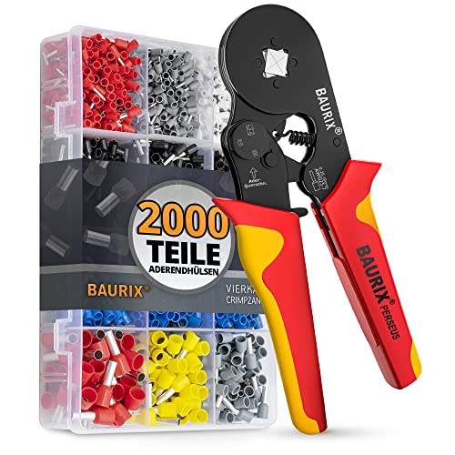 BAURIX® Crimpzange mit 2000 Aderendhülsen Set I Aderendhülsenzange mit Kraftregler [Für 0,25-10mm²] I Krimpzange, Crimpzangen, Crimp Zange, Presszange