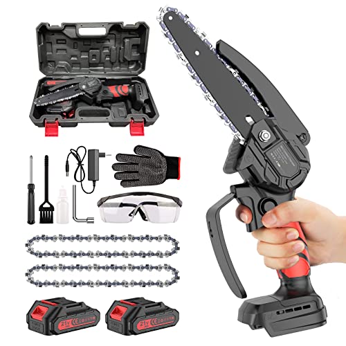 Akku Kettensäge 6 Zoll, Mini Kettensäge mit Akku Motorsäge Elektro Einhand Handkettensäge Elektrische, 2 x 2000 mAh Akku