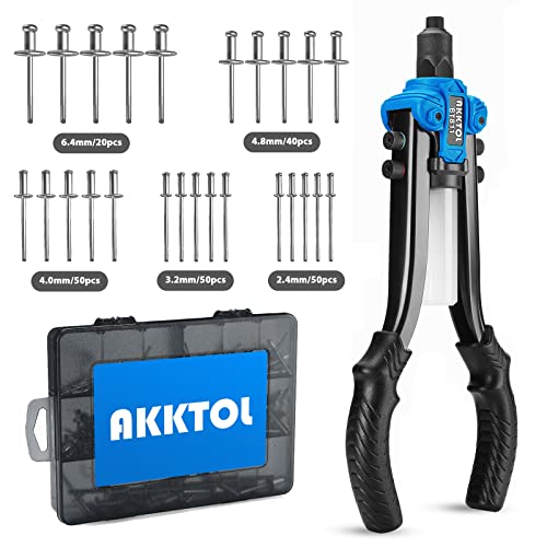 AKKTOL Nietenzange Nietzange Set inkl. 210 Nieten | Blindnietzange für 6,4mm-2,4mm Blindnieten | Popnietenzange Set-Profi Handnietzange geeignet für Edelstahl, Stahl & ALU-Nieten | schwere Ausführung