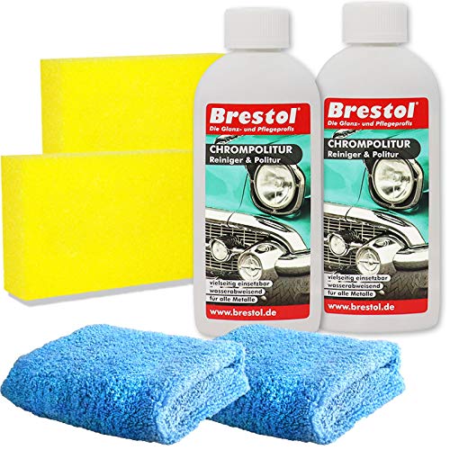 Brestol Chrompolitur Set2 (2X 250 ml + Zubehör) - Metallpolitur Alupolitur Chrom Polish Chromreiniger Zierelemente-Reiniger Auspuffblenden-Politur Aluminiumpolitur