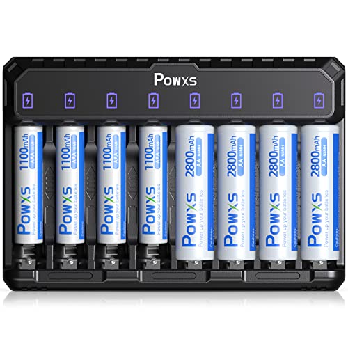 POWXS Akku Ladegerät für Lithium NiMH NICD AA AAA Akkus 8-Fach Schnellladegeräte mit 4 x 2800 mAh Wiederaufladbaren AA Batterien & 4 x 1100 mAh AAA NI-MH Batterien Batterieladegerät