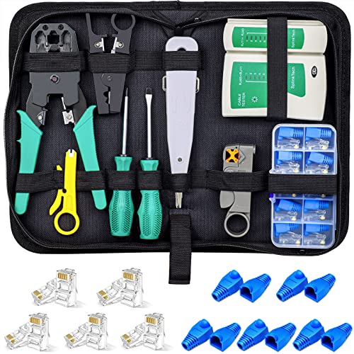 Hiija Netzwerk Werkzeug Set für RJ45, RJ11, RJ12, 10 in 1 Netzwerk Kabeltester Kit, 8P8C RJ45 Stecker, Kabel Tester, Schraubendreher, Crimp Zange, Abisolieren Zangen Netzwerk Werkzeug Kits
