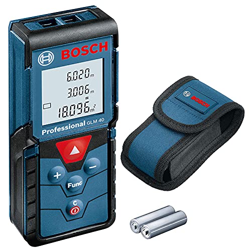 Bosch Professional Laser Entfernungsmesser GLM 40 (Flächen-/Volumenberechnung, max. Messbereich: 40 m, 2x 1,5-V Batterien, Schutztasche), Blau, Einheitsgröße