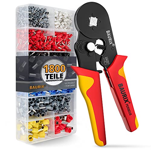 BAURIX® Crimpzange mit 1800 Aderendhülsen Set I Aderendhülsenzange selbsteinstellend [Für 0,25-10mm²] I Krimpzange, Crimpzangen, Crimp Zange, Presszange