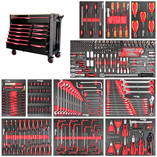 Mephisto Pro-Line Werkzeugwagen Werkstattwagen mit 12 Schubfächer inkl. Werkzeug wie VDE Schraubendreher, Ratsche mit Nusskasten, Schraubendreher-Set usw. in Soft Inlays in Carbonoptik