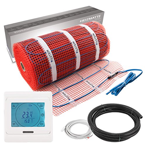 VILSTEIN© Elektrische Fußbodenheizung (12m² - 24m lang / 0,5m breit) Elektro Fußboden-Heizmatte 150W/m² für Fliesen-boden Fußboden-Heizsystem Elektrisch inkl. Thermostat TWIN Technologie Komplett-Set